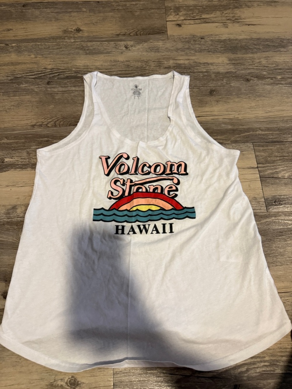 Volcom White Tank with Sunset Wave Graphic